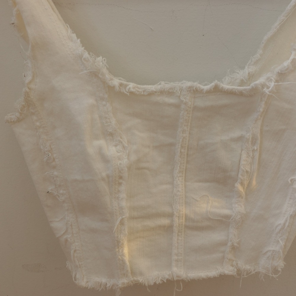 Y2K Fairy Grunge Corset Crop Top Womens XS White Boho Denim Bustier Frayed ADIKA - Picture 7 of 9
